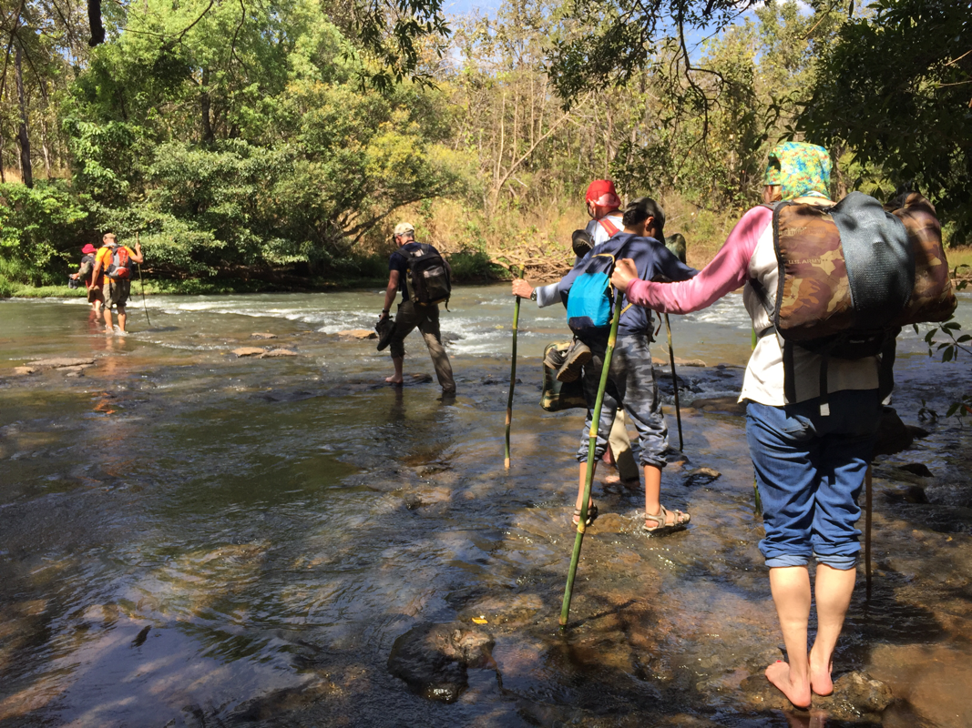 Travelers crossing a river on a jungle tour